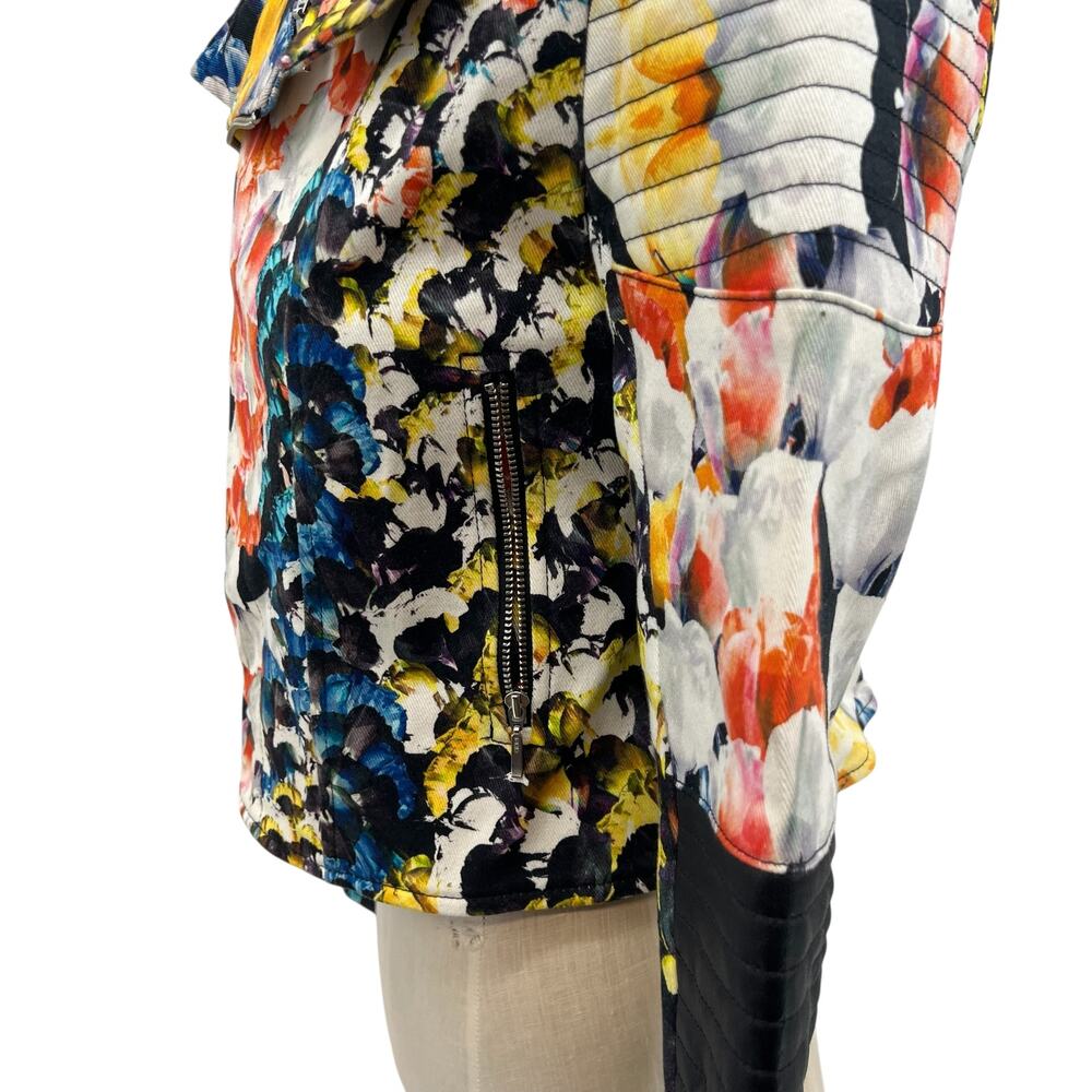 Nicholas Digi Floral Moto Jacket‎ Cotton Blend Leather Trim Multicolor US 4 - Picture 8 of 16
